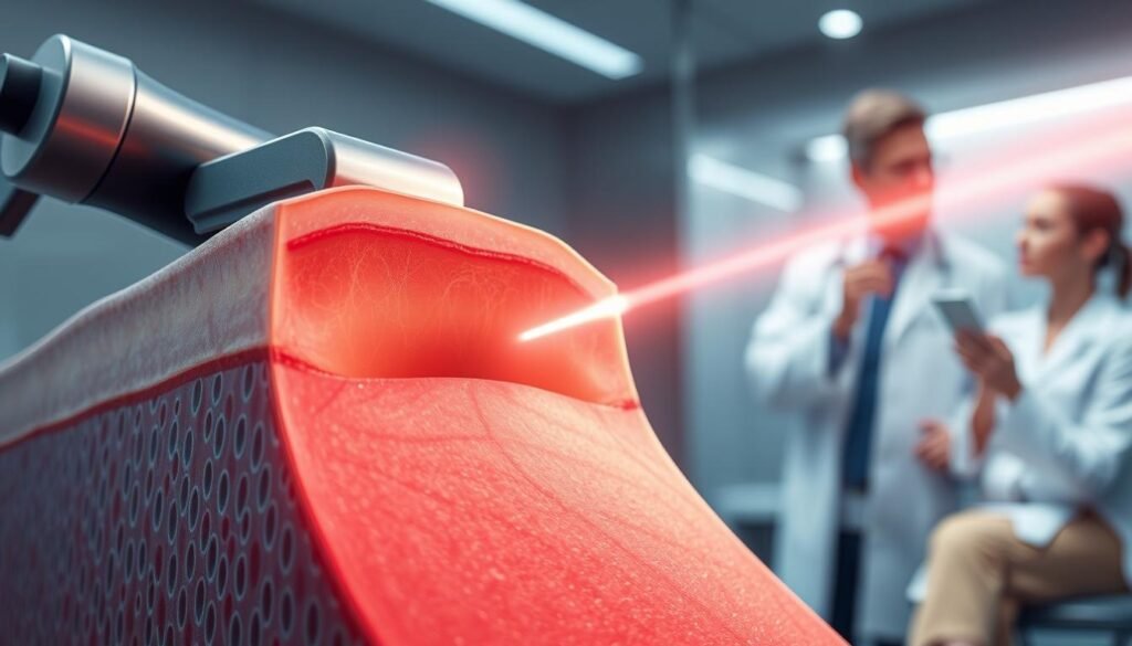 A scientific illustration depicting the principle of laser hair removal. In the foreground, show an anatomical cross-section of human skin with hair follicles illuminated by a focused laser beam, demonstrating how the hair shaft absorbs the laser energy. The middle layer should include the laser device, highlighting its technology and application, with subtle light reflections that suggest an advanced, clinical environment. In the background, integrate a soft-focus image of a dermatologist in professional attire, analyzing skin conditions with a patient in a consultation setting. Use bright, clinical lighting to convey a sense of precision and safety. The overall mood should be educational and reassuring, emphasizing the technology behind the process without any text or additional elements.