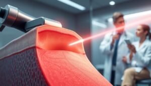 A scientific illustration depicting the principle of laser hair removal. In the foreground, show an anatomical cross-section of human skin with hair follicles illuminated by a focused laser beam, demonstrating how the hair shaft absorbs the laser energy. The middle layer should include the laser device, highlighting its technology and application, with subtle light reflections that suggest an advanced, clinical environment. In the background, integrate a soft-focus image of a dermatologist in professional attire, analyzing skin conditions with a patient in a consultation setting. Use bright, clinical lighting to convey a sense of precision and safety. The overall mood should be educational and reassuring, emphasizing the technology behind the process without any text or additional elements.