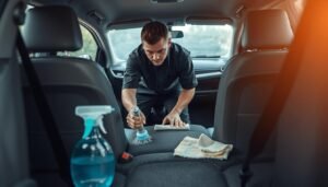A clean and well-lit car interior, focusing on the front seats and carpet area, where a professional cleaner is in the process of addressing a recent vomit incident. The cleaner, a person dressed in a neat black uniform, is using specialized cleaning tools and sprays, showcasing a sense of urgency and professionalism. In the foreground, there are visible cleaning supplies like cloths and a spray bottle. The middle of the image highlights the cleaner actively working on the carpet, with a look of concentration. The background features a slightly blurred dashboard and window, hinting at the outside environment, with soft natural light streaming in, creating a reassuring and efficient atmosphere.