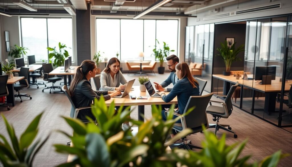 A modern serviced office space designed for collaboration and efficiency, featuring open-plan desks, ergonomic chairs, and glass partitions. In the foreground, a diverse group of four professionals in business attire are engaged in a brainstorming session around a stylish conference table, using laptops and digital tablets. In the middle ground, clearly defined work zones with lush indoor plants and cozy lounge areas promote teamwork. The background highlights large windows allowing natural light to flood the space, accented by contemporary decor and artwork. The atmosphere is vibrant and productive, conveying a sense of innovation and community. Soft, warm lighting enhances the welcoming feel, while a wide-angle perspective captures the spaciousness and functionality of the environment.