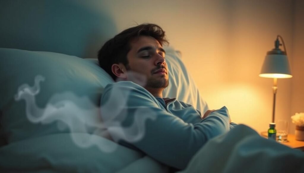 A close-up view of a serene bedroom environment, centered around a sleeping individual in a comfortable position, slightly turned towards the viewer. The background features soft, calming colors like light blue and white, creating a tranquil atmosphere. The room is softly lit with warm, diffused light from a bedside lamp, casting gentle shadows. In the foreground, depict a subtle visual representation of snoring, such as gentle soundwaves or a soft cloud-like effect, emphasizing the disturbance of sleep while maintaining a peaceful feel. The individual is dressed in modest, casual sleepwear, with a serene expression, illustrating the concept of relaxed throat muscles during sleep. Include faint elements like a glass of water and a small bottle of pills on the bedside table to suggest factors contributing to the scene without overpowering it.