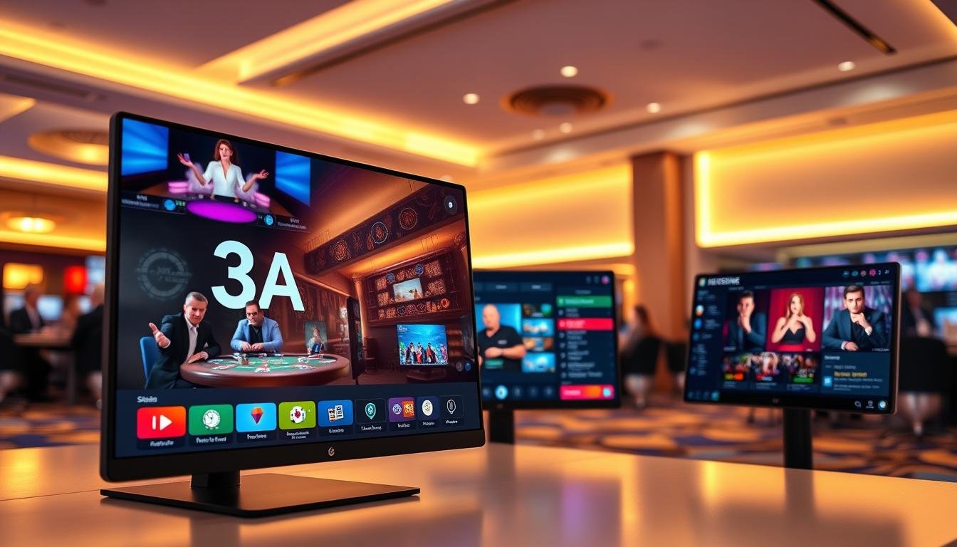 A sleek and modern interface of the "3A" online casino live streaming platform displayed prominently in the foreground, showcasing interactive features such as live dealer tables and real-time player chat options. The middle ground includes dynamic screens with vibrant graphics and an engaging user dashboard that highlights low-latency streaming technology. In the background, a digital casino environment with soft lighting and smooth gradients sets an immersive atmosphere, suggesting excitement and professionalism. The angle is slightly elevated, capturing the depth of the interaction, while the lighting is warm and inviting, enhancing the sense of engagement. The overall mood is sophisticated and high-tech, emphasizing user experience in online gaming without any text, logos, or distracting elements.