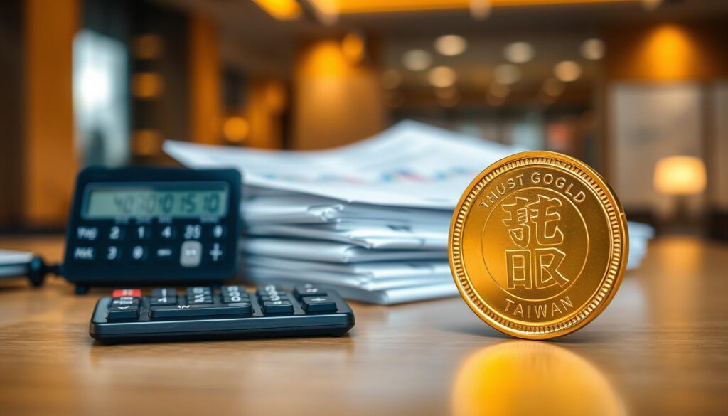 A close-up view of a gold coin marked with traditional Chinese characters, symbolizing "一兩黃金", resting on a clean, polished wooden desk. In the foreground, a professional-looking calculator displaying Taiwan Dollar (TWD) values sits next to the coin. In the middle, a softly blurred stack of economic reports and charts illustrating the relationship between currency and gold prices are visible. The background features a modern office environment with warm ambient lighting, evoking a sense of sophistication and focus on economic analysis. The overall mood should convey an atmosphere of research and financial exploration, emphasizing the importance of understanding gold's value in TWD.