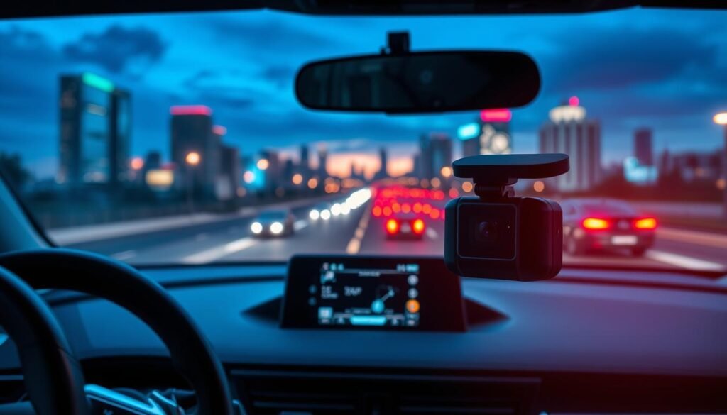 A high-tech car dashboard featuring a sleek dashcam integrated with Advanced Driver-Assistance Systems (ADAS) technology. In the foreground, the dashcam is prominently displayed, showcasing its modern design and cutting-edge features, with a subtle digital display. The middle of the scene includes a stylized view of the car’s interior, highlighting various ADAS elements like lane departure warning and collision detection sensors. In the background, through the car's windshield, a dynamic urban landscape unfolds, illuminated by vibrant city lights at dusk, enhancing the sense of innovation and safety. The lighting is soft yet vivid, with a futuristic ambiance, captured from a slightly angled perspective. The overall atmosphere conveys a sense of technological advancement and security in driving.