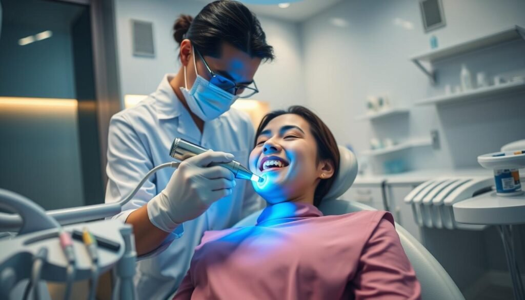 A modern dental clinic in Hong Kong, showcasing a dentist in professional attire performing ultrasonic teeth cleaning on a patient seated in an advanced dental chair. The foreground focuses on the dental hygienist using a sleek ultrasonic scaler, emitting a subtle blue light, symbolizing the advanced technology. The middle ground captures the patient’s relaxed expression, conveying comfort while receiving treatment. In the background, dental tools are neatly arranged, and the clinic's decor is bright and inviting, with clean lines and a calming color palette. Soft, diffused lighting highlights the clinical yet warm atmosphere, creating a sense of professionalism and trust. The angle should be slightly tilted to emphasize the interaction between the dentist and patient, encapsulating an effective dental care scene.