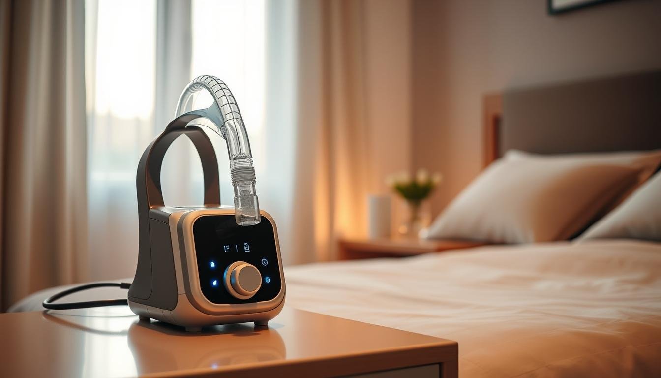 A modern sleep apnea machine prominently placed on a bedside table in a cozy bedroom setting. In the foreground, focus on the sleek design of the machine, with visible features such as the nasal mask and control panel displaying soft blue lights. The middle ground includes a comfortable bed with clean linens, and a nightstand adorned with a small plant and a glass of water. In the background, a window showing soft morning light filtering through sheer curtains, enhancing the peaceful atmosphere. The room should evoke a sense of tranquility, suggesting a space conducive to restful sleep. Utilize soft, warm lighting to create an inviting mood, captured at a slightly elevated angle to enhance the overall composition.
