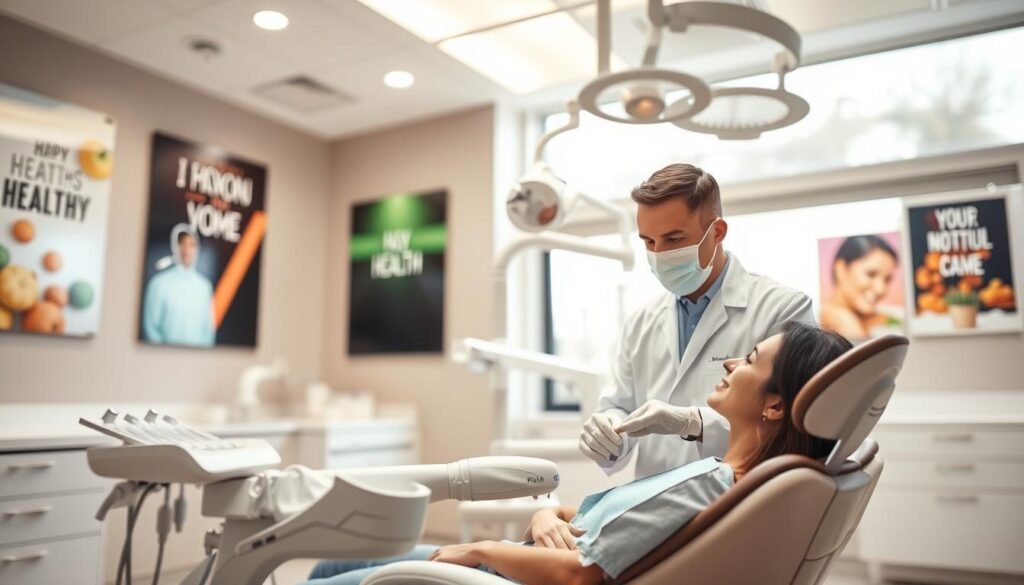 A professional dentist in a modern dental clinic, with a warm and inviting atmosphere. The dentist, wearing a crisp white coat, gloves, and a mask, is attentively examining a patient in a comfortable dental chair. The background features sleek dental equipment, bright overhead lights, and inspirational health posters on the walls. Soft, natural lighting filters through large windows, creating a calm environment. The composition captures the dentist's focused demeanor and the patient’s relaxed expression. The image is shot with a slight depth of field, blurring the background slightly to emphasize the professionalism and care provided in the dental service. The overall mood is reassuring and trustworthy, aiming to convey quality dental care.