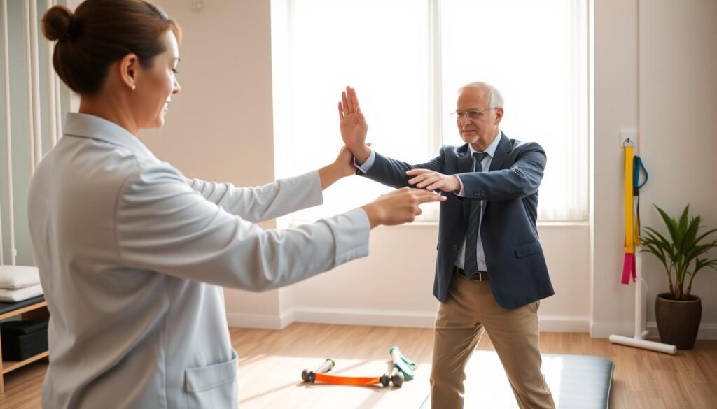 A serene physiotherapy studio in Wan Chai, focusing on enhancing joint mobility for desk-bound professionals. In the foreground, a skilled physiotherapist, dressed in professional attire, demonstrates a gentle stretching exercise with a middle-aged corporate professional in business casual clothing. The physiotherapist is guiding the client's arm, showcasing proper alignment and technique. In the middle ground, a set of physical therapy tools and resistance bands are neatly arranged, reflecting an organized and welcoming environment. The background features soft, natural lighting streaming through a large window, illuminating the space and creating a calm atmosphere. The overall mood is one of support and encouragement, emphasizing health and well-being through physiotherapy techniques.