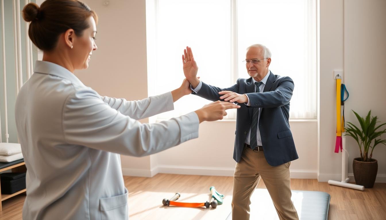 A serene physiotherapy studio in Wan Chai, focusing on enhancing joint mobility for desk-bound professionals. In the foreground, a skilled physiotherapist, dressed in professional attire, demonstrates a gentle stretching exercise with a middle-aged corporate professional in business casual clothing. The physiotherapist is guiding the client's arm, showcasing proper alignment and technique. In the middle ground, a set of physical therapy tools and resistance bands are neatly arranged, reflecting an organized and welcoming environment. The background features soft, natural lighting streaming through a large window, illuminating the space and creating a calm atmosphere. The overall mood is one of support and encouragement, emphasizing health and well-being through physiotherapy techniques.