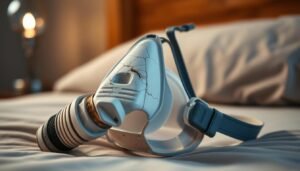 A close-up of a well-used CPAP mask showing signs of aging, such as discoloration, cracked silicone, and worn-out straps. The mask should be positioned prominently in the foreground, with a soft focus on the background that includes a bedside table with a faintly lit lamp, creating a warm, intimate atmosphere. Utilize natural lighting to highlight the texture of the mask and cast gentle shadows that accentuate its wear. The angle should be slightly above the mask, eye-level to provide perspective. The overall mood is reflective and informative, emphasizing the importance of monitoring sleep apnea equipment for safety and effectiveness.