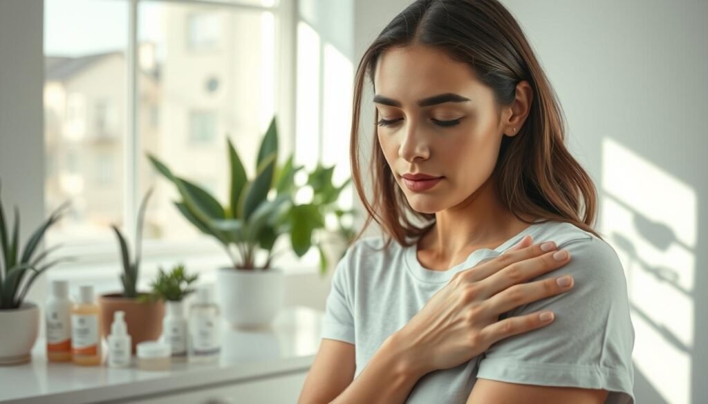 A serene and well-lit dermatology clinic setting focusing on skincare post-laser wart removal. In the foreground, a woman with a calm expression is gently applying a soothing cream to her healing skin, showcasing her delicate features and modest casual clothing. The middle layer includes skincare products like moisturizers and sunscreens organized neatly on a countertop, reflecting effective post-treatment care. The background features a bright, airy room with natural light streaming in through a window, plants adding a touch of tranquility. The atmosphere is calm and reassuring, emphasizing the importance of proper skincare after a laser treatment. The image should convey a sense of healing and wellness without any text or overlays.