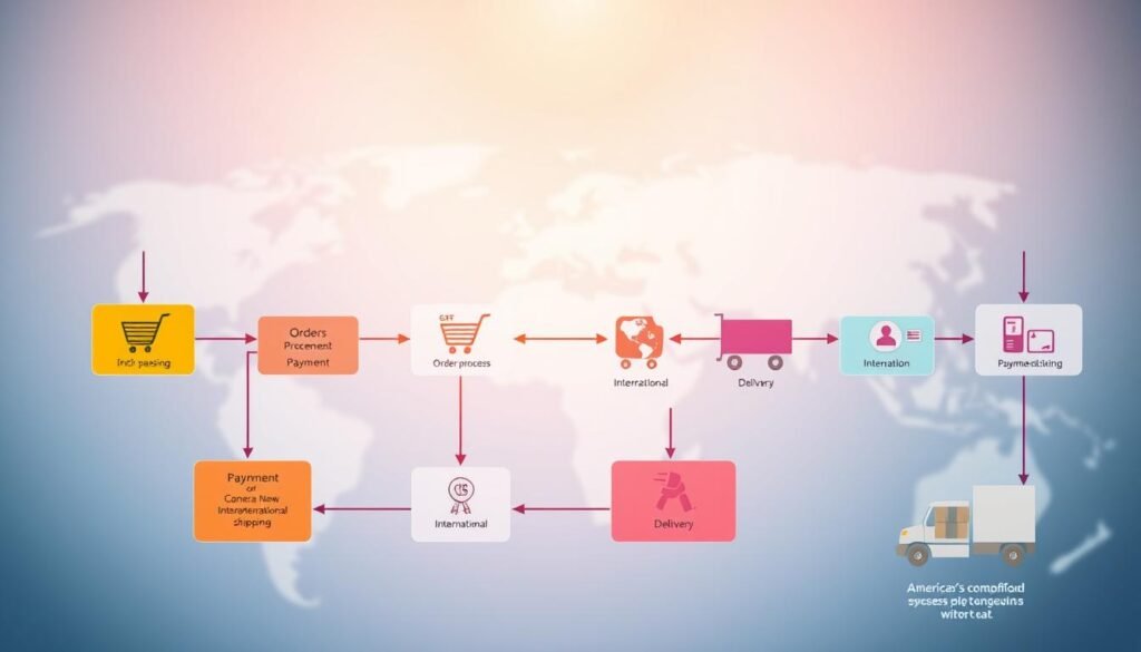 A detailed flowchart visually illustrating the process of American purchasing services. In the foreground, depict a clear diagram with labeled steps, showing elements like shopping, order placement, payment processing, international shipping, and delivery. Use vibrant colors to differentiate each step, enhancing clarity. In the middle, add icons representing online shopping carts, payment methods, and international shipping boxes to make it engaging. The background should feature a soft gradient that complements the flowchart without overwhelming it. Aim for a professional and modern design, with bright lighting to ensure readability. The overall mood should convey trust and efficiency, making it an ideal visual representation for a secure and transparent overseas purchasing process, without any text or branding elements.