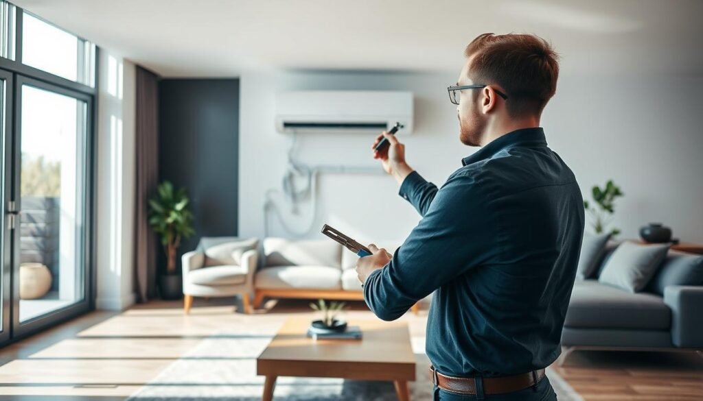 A modern, spacious living room featuring an open-plan layout, showcasing the installation of a split-type air conditioning unit on a wall. In the foreground, a professional technician in smart casual attire is actively working on the unit, holding tools and adjusting the components. The middle ground captures the detailed air conditioning unit mounted on the wall, with pipes and wires neatly arranged. In the background, large windows allow natural light to flood the room, casting soft shadows and creating a warm, inviting atmosphere. Indirect artificial lighting enhances the scene's clarity. The overall mood suggests professionalism and efficiency, conveying a sense of comfort and modern living.
