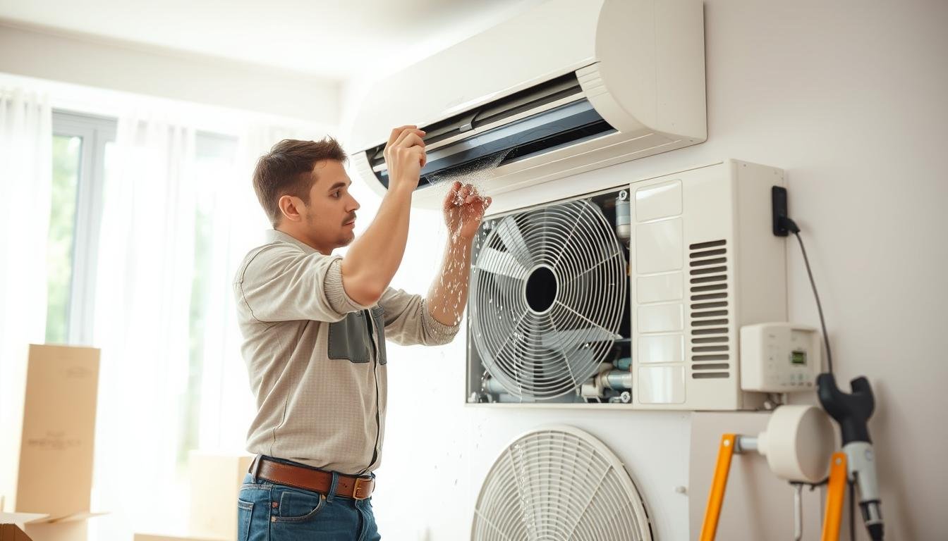 A professional technician in modest casual clothing is inspecting a residential air conditioning unit that is dripping water, highlighting the maintenance aspect. In the foreground, the technician is closely examining the water drainage hose, ensuring it is properly positioned. In the middle ground, the air conditioning unit is partially disassembled, showcasing its internal components, while water droplets can be seen around the area to emphasize the repair process. The background features a clean, well-lit room with soft, natural daylight coming through a window, creating a bright and inviting atmosphere. There are subtle hints of moving boxes and tools nearby, suggesting the process of relocation, while retaining a focus on the air conditioning unit and repair work.
