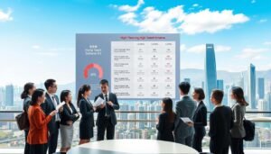A professional comparison scene illustrating the "High Talent Scheme" alongside other Hong Kong immigration plans. In the foreground, a diverse group of professionals in smart business attire is engaged in a discussion, holding documents and charts. The middle layer features a large presentation board displaying key stats and graphics comparing the schemes, emphasizing the unique advantages of the High Talent Scheme. In the background, a cityscape of Hong Kong is visible, showcasing modern skyscrapers under clear blue skies. Soft yet focused lighting highlights the subjects, creating an informative and optimistic atmosphere. The composition should utilize a slight upward angle to evoke a sense of growth and opportunity, making it suitable for an educational article.
