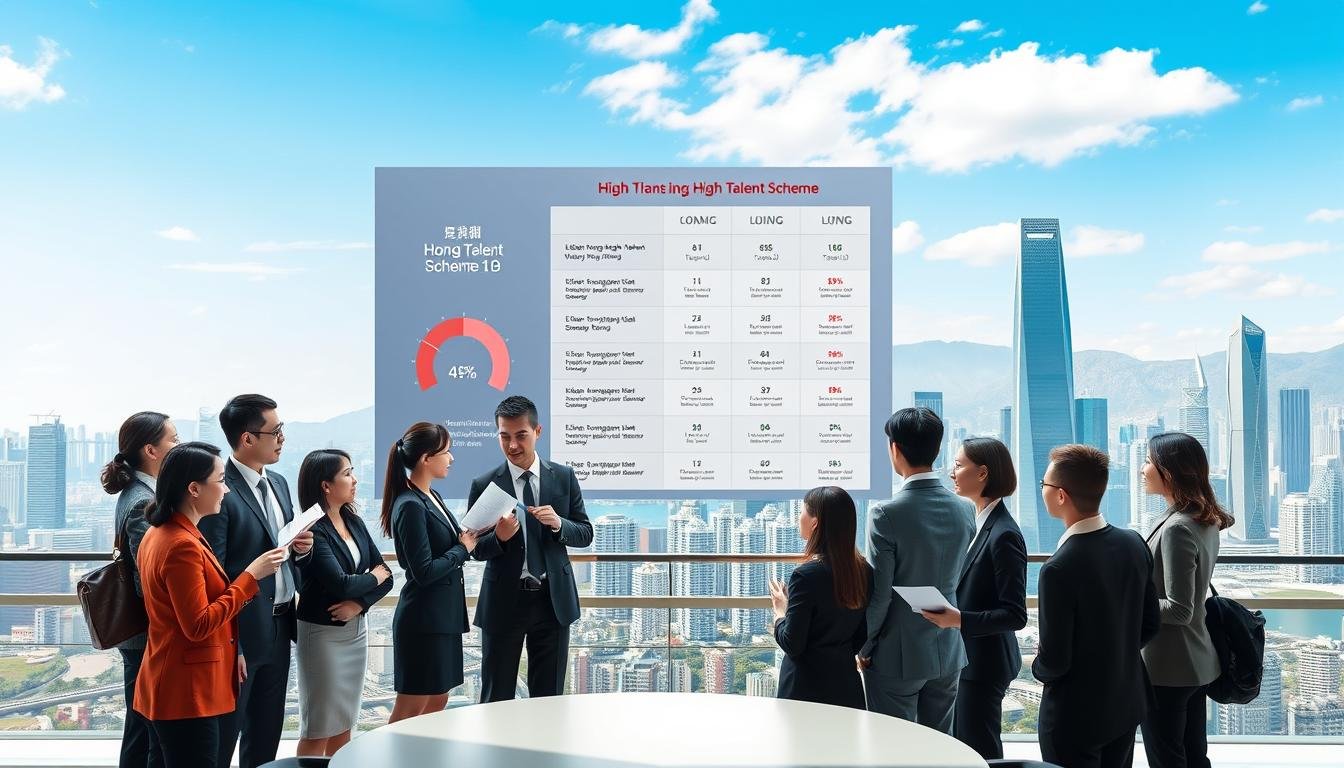 A professional comparison scene illustrating the "High Talent Scheme" alongside other Hong Kong immigration plans. In the foreground, a diverse group of professionals in smart business attire is engaged in a discussion, holding documents and charts. The middle layer features a large presentation board displaying key stats and graphics comparing the schemes, emphasizing the unique advantages of the High Talent Scheme. In the background, a cityscape of Hong Kong is visible, showcasing modern skyscrapers under clear blue skies. Soft yet focused lighting highlights the subjects, creating an informative and optimistic atmosphere. The composition should utilize a slight upward angle to evoke a sense of growth and opportunity, making it suitable for an educational article.