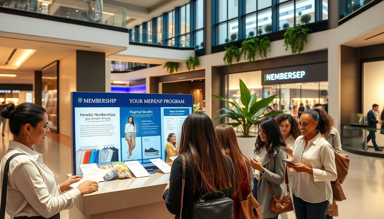 A stylish, modern shopping mall interior, featuring a bright, well-lit registration area for a membership program. In the foreground, a friendly staff member in professional attire assists a diverse group of customers, who are excitedly completing their membership applications. The middle section includes an elegant display of promotional materials about the membership benefits, with visuals depicting rewards, points accumulation, and exclusive shopping offers. The background shows sleek architecture with large windows allowing natural light to flood the space, along with decorative plants adding vibrancy. The atmosphere is welcoming and bustling, conveying a sense of community and opportunity. Use soft, warm lighting to enhance the inviting mood, and capture it from a slightly elevated angle to include the entire scene.