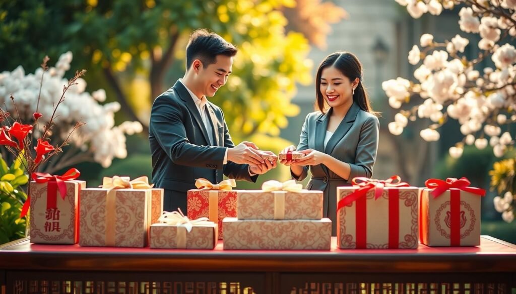 A beautifully arranged traditional Taiwanese wedding gift ceremony set in a serene outdoor garden. In the foreground, a table adorned with elegantly wrapped gift boxes symbolizing sincerity and respect, featuring intricate patterns typical of Taiwanese culture. The middle ground showcases a couple in professional business attire, beaming with joy and warmth as they exchange gifts, embodying love and commitment. The background reveals lush greenery and soft cherry blossoms, bathed in warm, golden sunlight casting gentle shadows, creating an inviting atmosphere. The composition captures the essence of modern Taiwanese marriage customs focused on the values of sincerity and mutual respect. A gentle breeze adds a sense of movement to the scene, enhancing the heartfelt emotion of the moment.