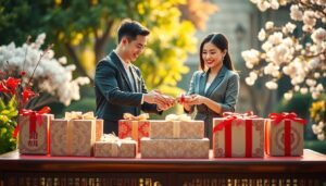 A beautifully arranged traditional Taiwanese wedding gift ceremony set in a serene outdoor garden. In the foreground, a table adorned with elegantly wrapped gift boxes symbolizing sincerity and respect, featuring intricate patterns typical of Taiwanese culture. The middle ground showcases a couple in professional business attire, beaming with joy and warmth as they exchange gifts, embodying love and commitment. The background reveals lush greenery and soft cherry blossoms, bathed in warm, golden sunlight casting gentle shadows, creating an inviting atmosphere. The composition captures the essence of modern Taiwanese marriage customs focused on the values of sincerity and mutual respect. A gentle breeze adds a sense of movement to the scene, enhancing the heartfelt emotion of the moment.